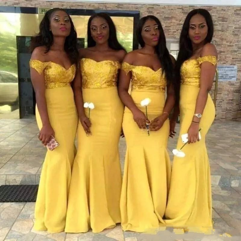 

2020 New African Yellow Cheap Mermaid Bridesmaid Dresses Off Shoulder Sequined Satin Wedding Party Gowns Formal Gowns Maid Of Honor Dress