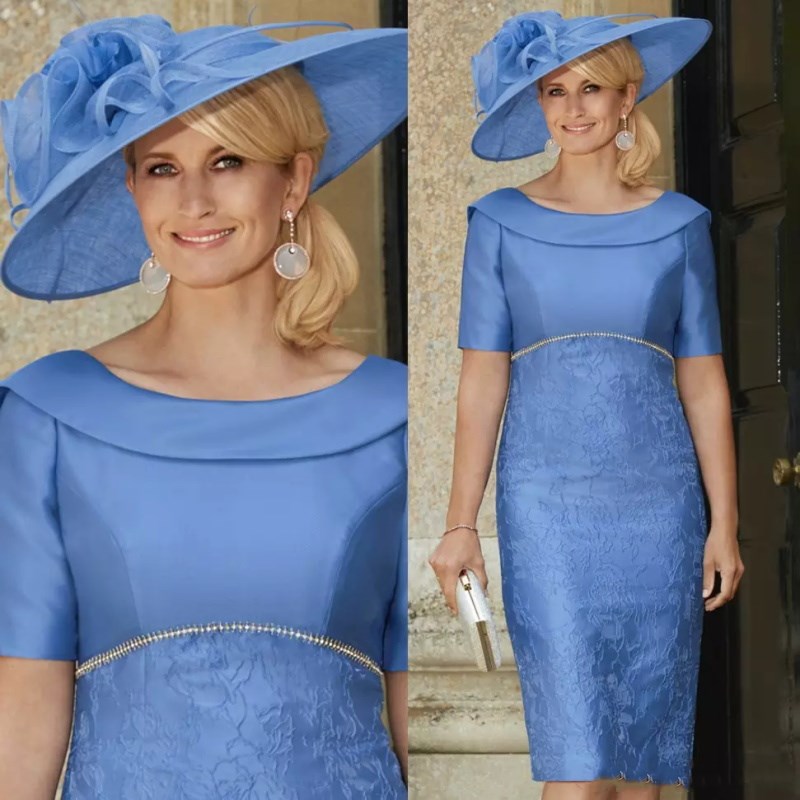 

Modest Sheath Lace Mother Of The Bride Dresses With Short Sleeves Bateau Neck Wedding Guest Dress Knee Length Plus Size Evening Gowns