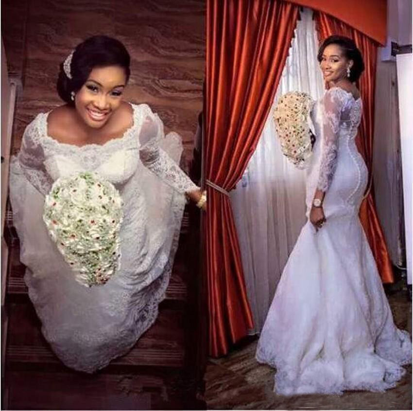 

Charming Mermaid Lace Wedding Dresses Long Sleeves Bridal Wedding Gowns Boat Neck Sweep Train Bride Dresses For Wedding Button Back, Black
