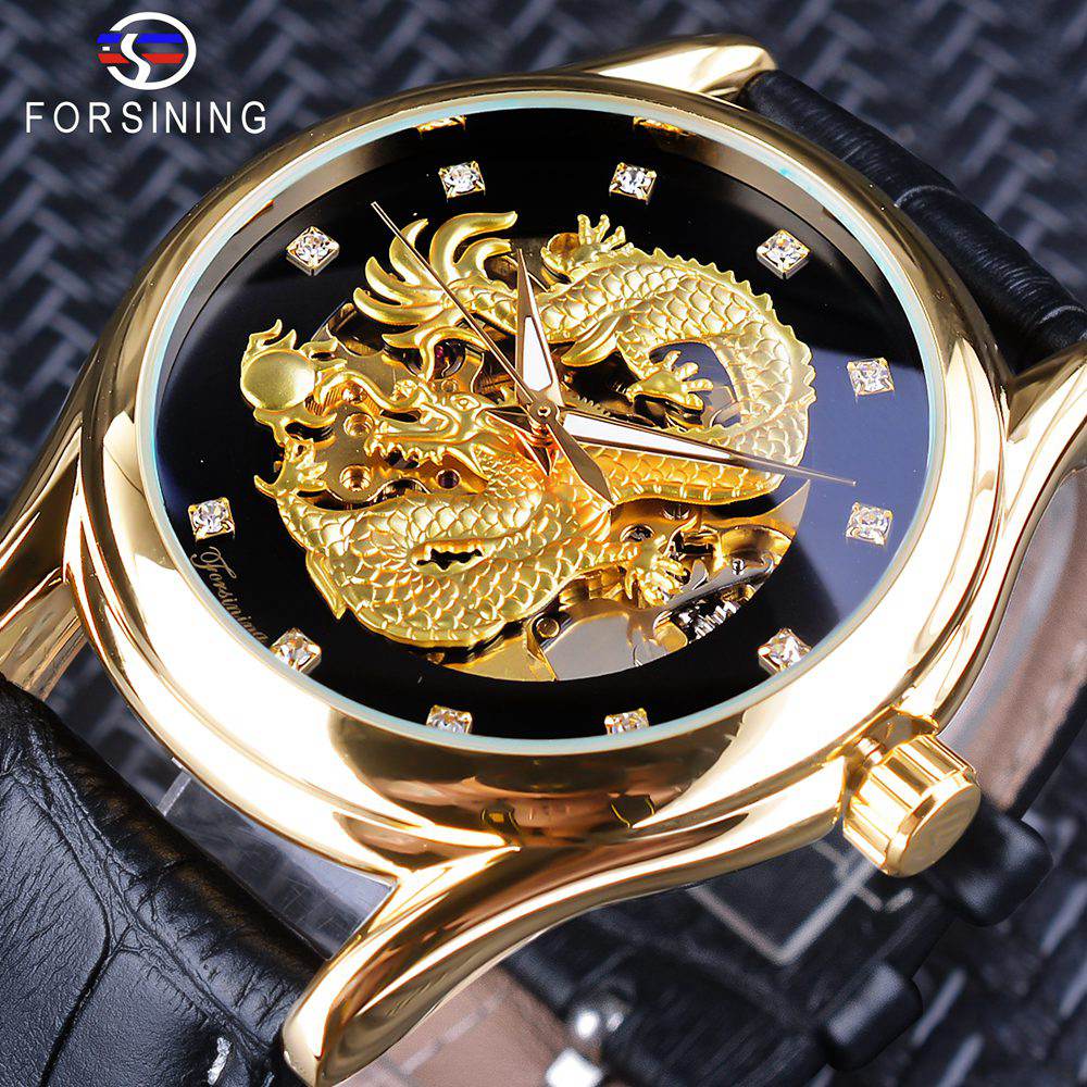 

Forsining Diamond Dragon Display Golden Skeleton Luminous Hand Men Watch Black Genuine Leather Waterproof Mechanical Watch Clock