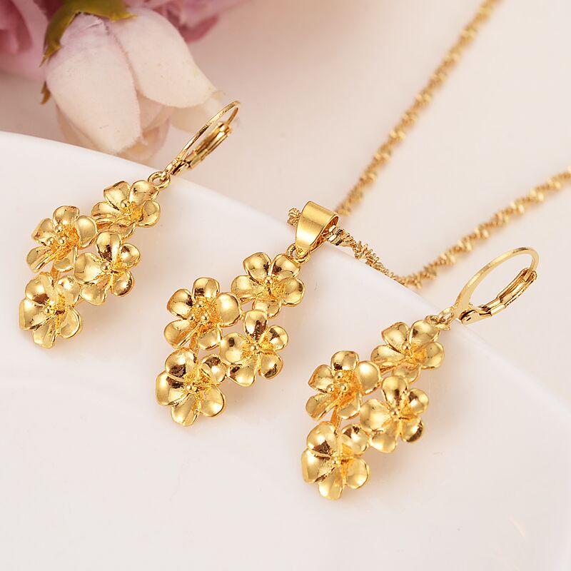 4 golden flowers assembled beautiful 24 k Fine Gold Filled Flower set Jewelry Pendant Chain Earrings Bride Wedding Bijoux giftd-image-419067170