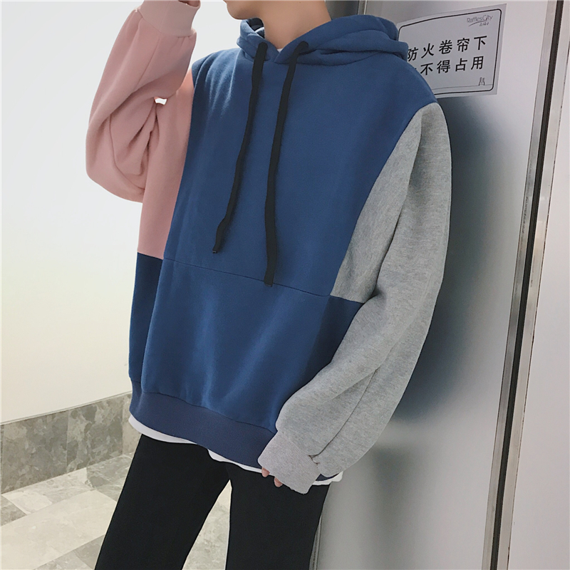 

Spring And Autumn Youth Fashion Trend Japanese Wild College Wind Boys Leisure Loose Fleece Color Hooded sweatshirts, Blue