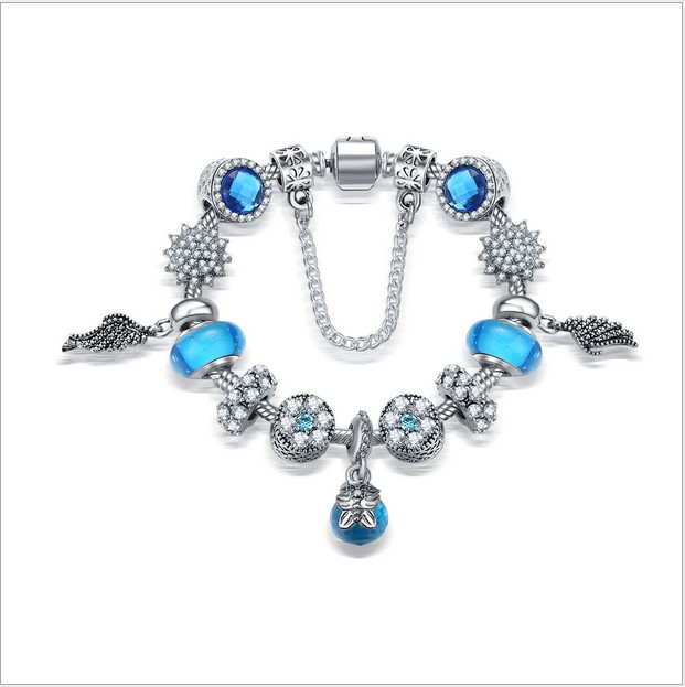 

925 Sterling Silver Blue Charm Bead fit European Pandora Bracelets for Women Wing Feather Crystal Charm Beads Snake Chain Fashion Jewelry