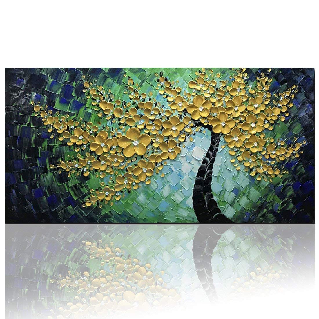 

Green Gold Flowers Wall Art On Canvas Abstract Oil Paintings Textured Modern Artwork Hand Painted Square Picture