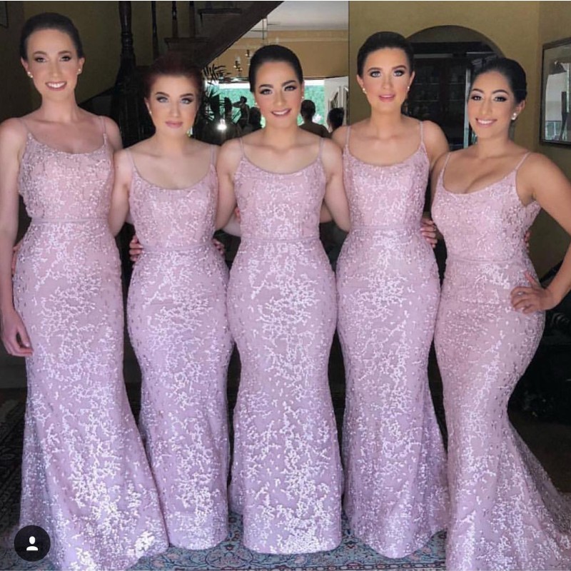 

Charming Spaghetti Straps Bridesmaids Dresses Sexy Open Neckline Sleeveless Zipper Back Prom Dress Dubai Lace Mermaid Wedding Party Dresses