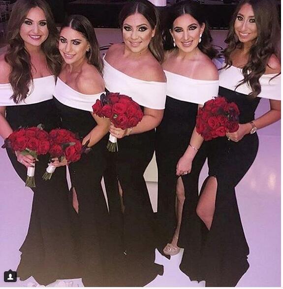 

Vintage Off shoulder Black And White Maid of honor dresses Cheap With Sleeves High Slit Satin Mermaid Bridesmaids Prom Evening Formal Dress