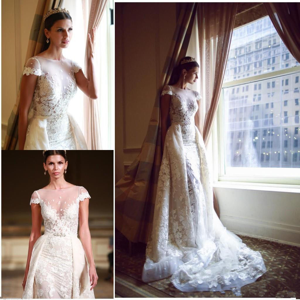 

Elegant 2018 Wedding Dress Delicate Applique Removable Skirt Train Bridal Gowns Sheer Neck Top Quality Lace Plus Size Wedding Dresses, Same as image