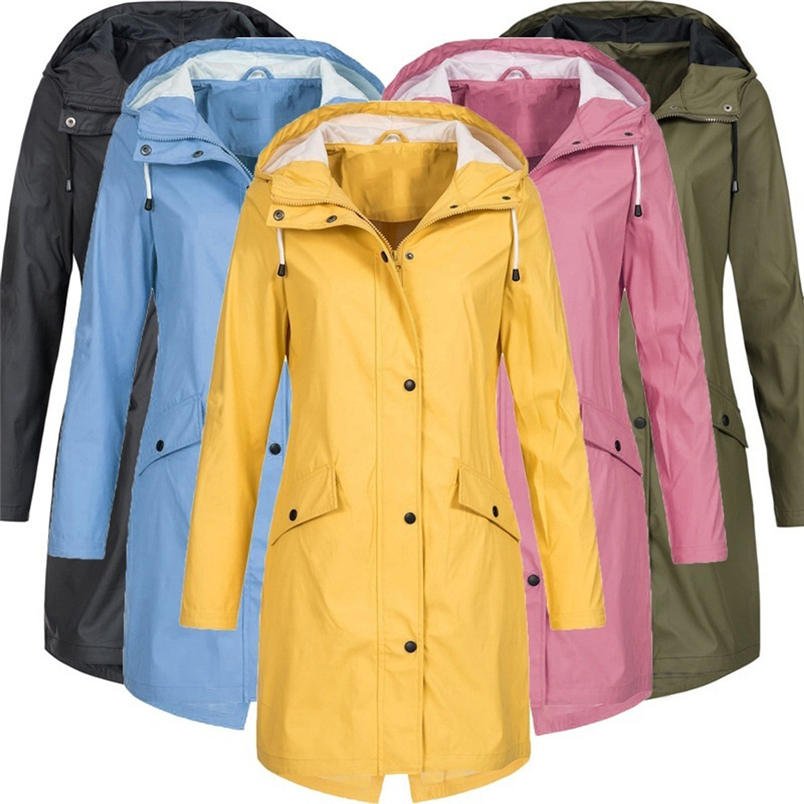 Women's Coat Fashion Solid Rain Jacket Outdoor Hoodie Waterproof Long Coat Overcoat Hot Sale Windproof Jackets
