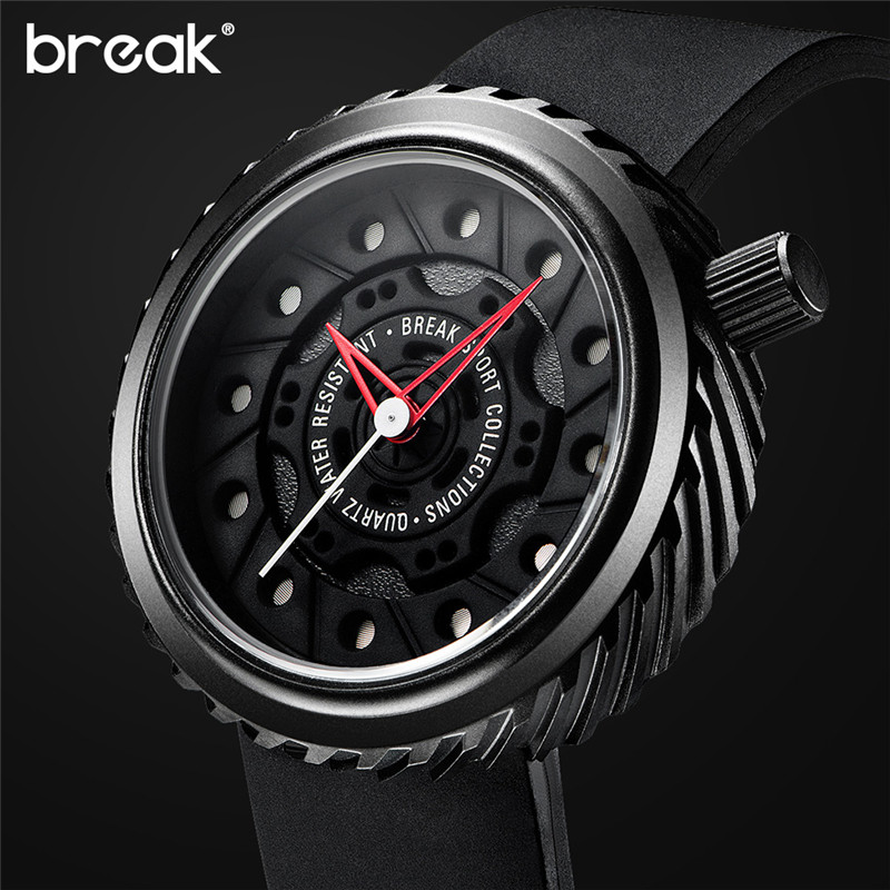 

BREAK Mens Watches Top Sport Watch Japan MIYOTA Silicone Strap Clock Men Quartz Watches Casual Creative Wristwatch, Black