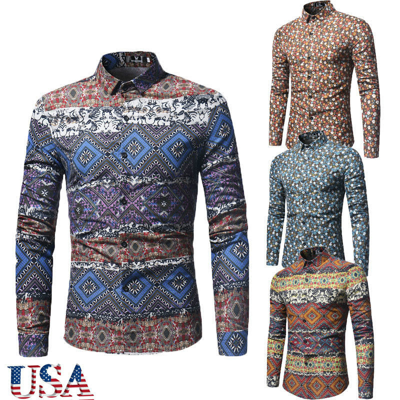 

2018 Mens Shirt Long Sleeve Print Button Type Casual Fashion Clothing Office Turn Down Collar Slim Fit Stylish Tops US, Blue 1