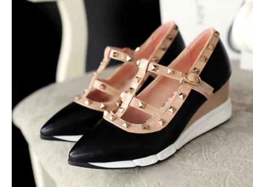

Free send Autumn new style pointed end rivets Slope heel women's shoes, Pink