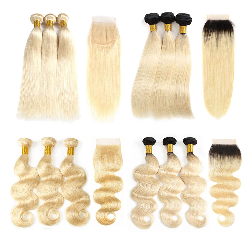 

Brazilian Cuticle Aligned Raw Virgin Hair 613 Blonde Human Hair Bundles With Closure #613&1B/613 Straight Body Wave With 4x4 Lace Closure, Body 613 with 4x4