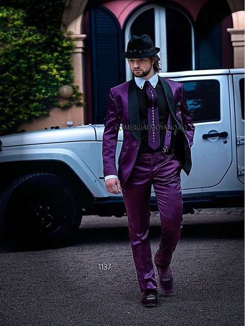 

New Fashion One Button Purple Satin Groom Tuxedos Groomsmen Shawl Lapel Best Man Blazer Mens Wedding Suits (Jacket+Pants+Tie) H:886, Same as image