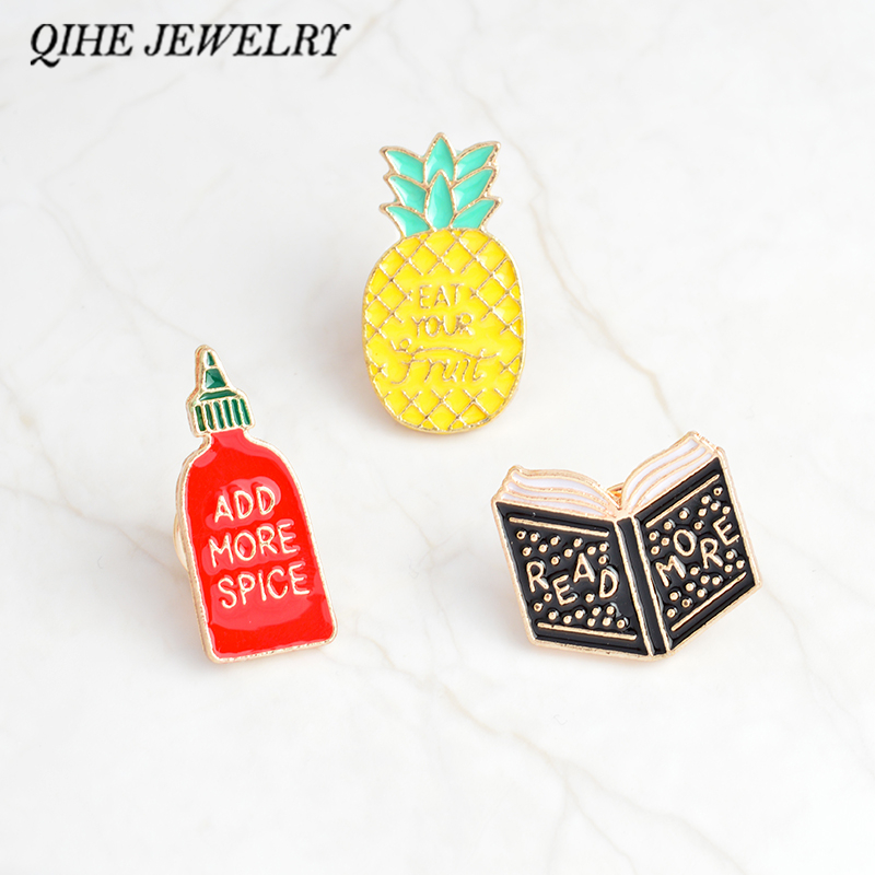 

Book pineapple Enamel pins bottle Brooches "READ MORE, ADD SPICE, EAT YOUR FRUIT" badges funny Jewelry