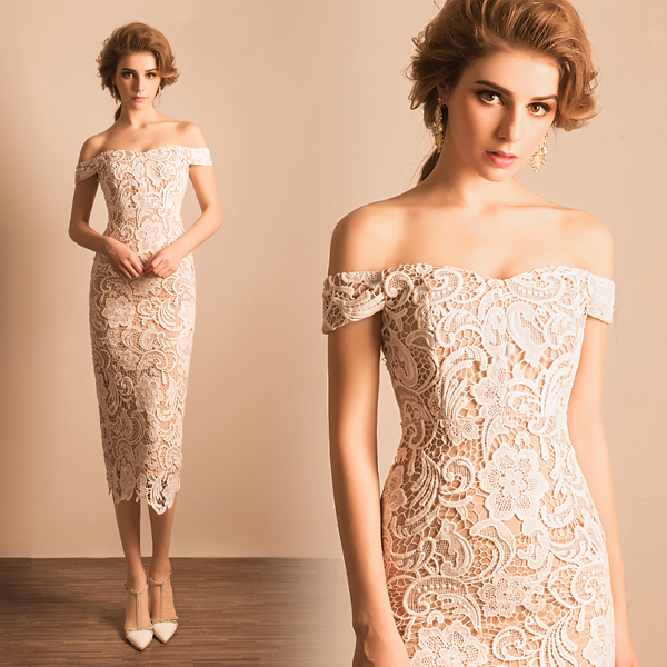 

Sexy Cocktail Dresses Off the Shoulder Ivory Lace with Nude Lining Lace Party Dress Tea Length Zipper Back Cheap, Same as picture