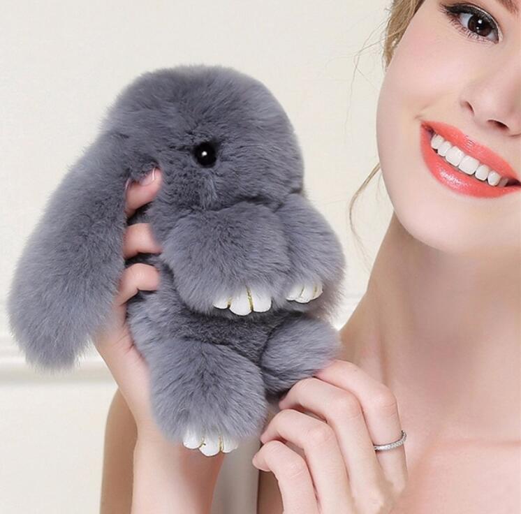 

18CM Cute Pluff Bunny Keychain Rex faux Genuine Rabbit Fur Key Chain For Women Bag Toy Doll Fluffy Pom Pom Lovely Pompom Keyring, Silver
