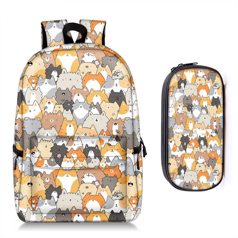 Cute Kitten Cats / Puppy Dogs Print Backpack + Pencil Bag For Teenager Boy Girl Children School