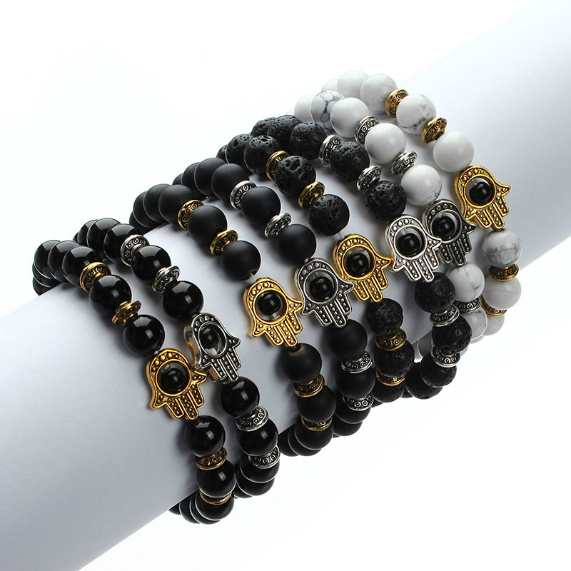 

2018 Natural Stone Black Lava Beads Bracelet Men Gold Color Hamsa Hand Charm Energy Yoga Mala Bracelets For Women