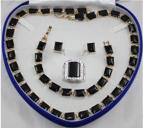 

Men's noble natural black onyx Earring Bracelet Necklace Ring SET +box, Silver