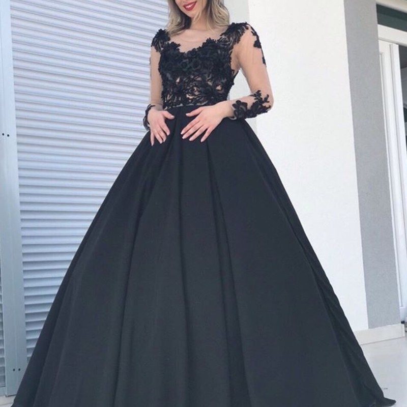 

Black Long Sleeves Prom Dresses Sexy Scoop Neckline Lace Appliques Satin Ball Gown Party Dress Elegant Saudi Arabia Celebrity Evening Dress, Hunter