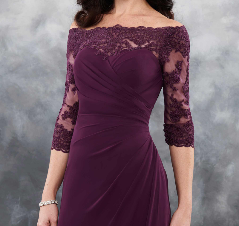 

Grape Chiffon Bridesmaid Dresses off shoulder three quarter sleeves sheer with applique wedding party dress long bridesmaid dress