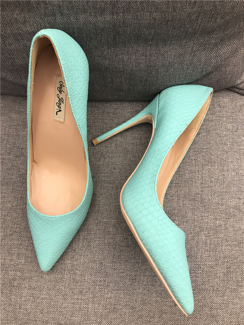 

Free shipping fashion women pumps Mint Green snake printed point toe high heels thin heel shoes genuine leather real photo wedding shoes, Green 10cm