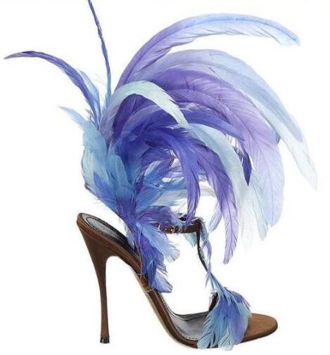 

Summer New Fashion Blue/Purple Feather Straps Women Open Toe Sandals Sexy T-Strap Ankle Buckle Ladies High Heels Plus Size 43, As picture