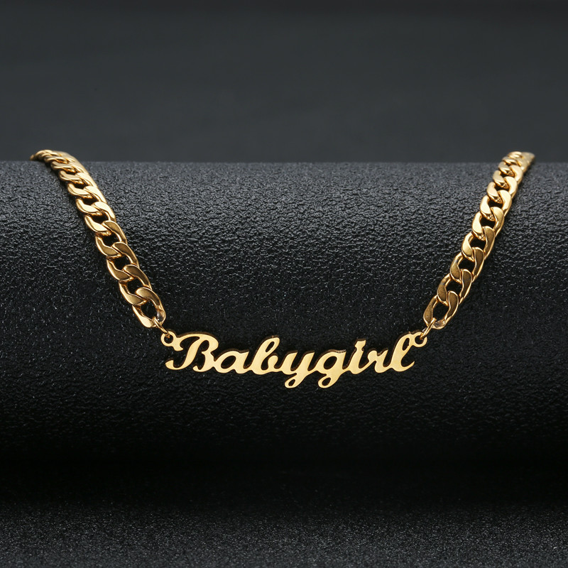 

Lovely Gift Gold Color Babygir Name Necklace Stainless Steel Nameplate Choker Handwriting Signature Necklace For Girls