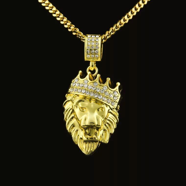 New Arrivals Hip Hop Gold Plated Black Eyes Lion Head Pendant Men Necklace King Crown Iced Out Fashion Jewelry For Gift/Present