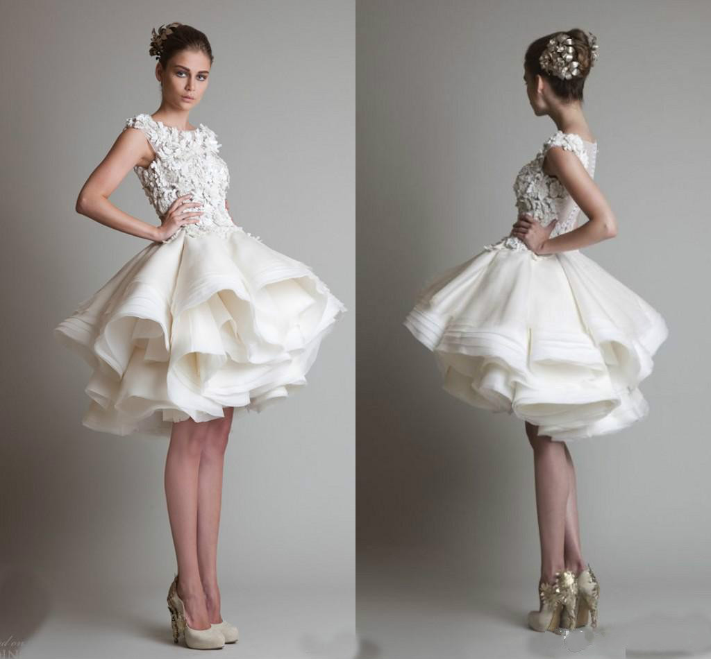 

Vintage Lace Applique Short Wedding Dresses Krikor jabotian Scoop Hi-Lo Organza Bridal Gowns A Line Capped Ruffles Bride Party Gown, Black