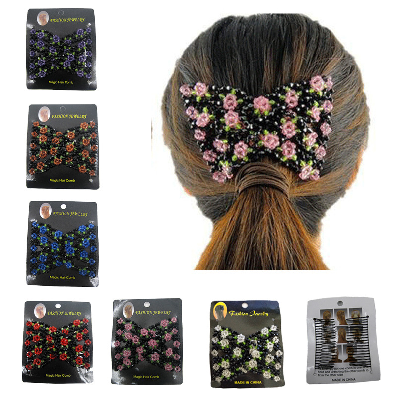 Magic Wooden Beaded Stretchy Double Clips Hair Slide Comb Ladies African Hairpin