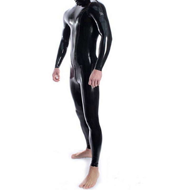 

100% Pure latex men Catsuit with Zipper on the Crotch and Shoulders Wear Through The Collar Rubber Fetish Bodysuit Party Wear Tight Jumpsuit, Black
