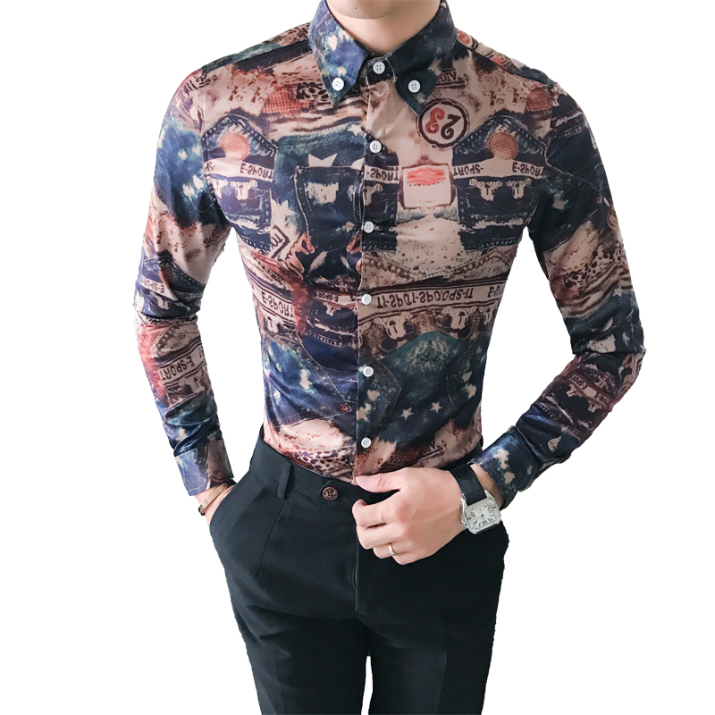 

3XL-M Night Club Shirt Men Korean Retro Slim Fit Long Sleeve Tuxedo Shirts Social Stylish Print Party Dress Chemise Homme Sale, As the photo show