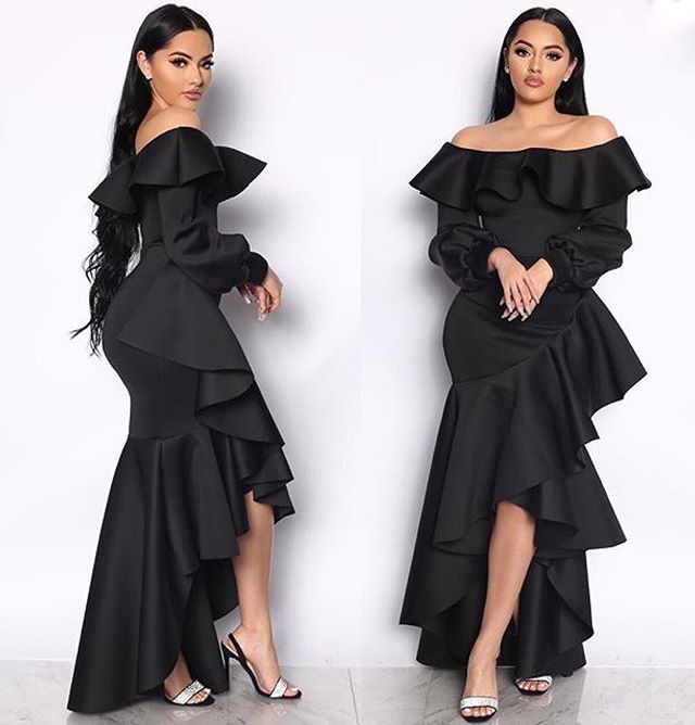 

Boat Neck Mermaid Black Jersey Evening Dresses High Low Formal Dresses Ruffles Puff Long Sleeve Night Party Dresses robe de soiree longue, Gold