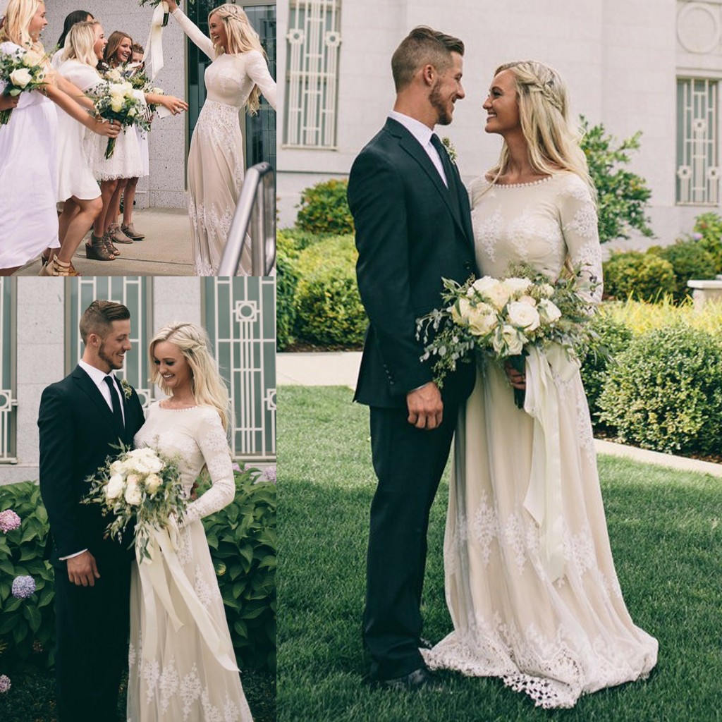 

Bohemian Garden Long Sleeves A-Line Wedding Dresses Modest A Line Jewel Neck Appliques Chiffon Floor Length Bridal Gowns Formal, Same as image