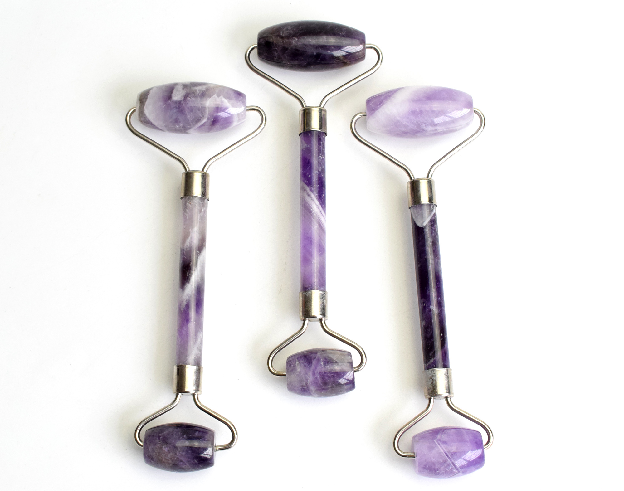 

Natural Amethyst Massage Stone Carved Reiki Crystal Healing Gua Sha Beauty Roller Facial Massor Stick with Alloy Silver-Plated