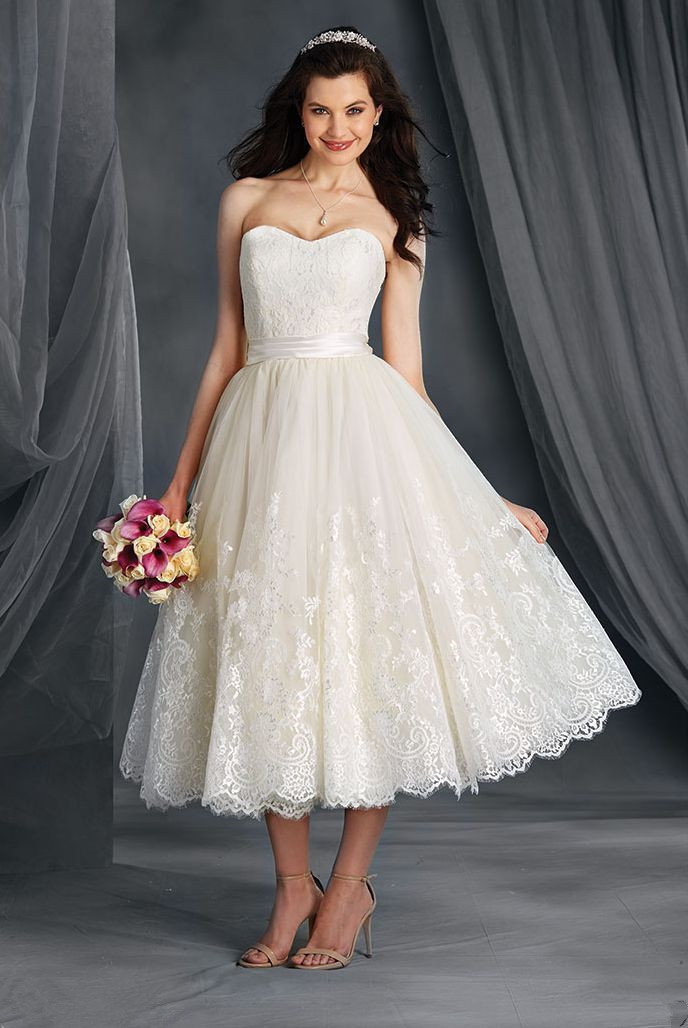 

US2-28W++ A Line Short Bridal Dress Strapless Lace Wedding Gowns Latest Design Sash Vintage Tea Length Custom Made Open Back Appliques, White
