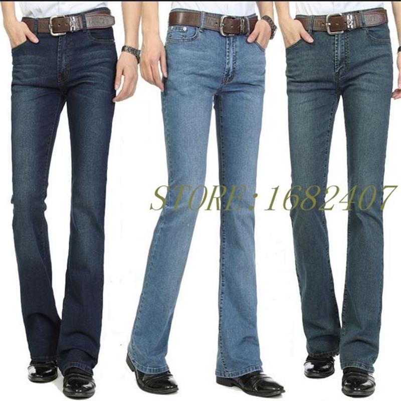 

Free Shipping Men's Business Casual Jeans Male Mid Waist Elastic Slim Boot Cut Semi-flared Four Seasons 26-36, Dark blue
