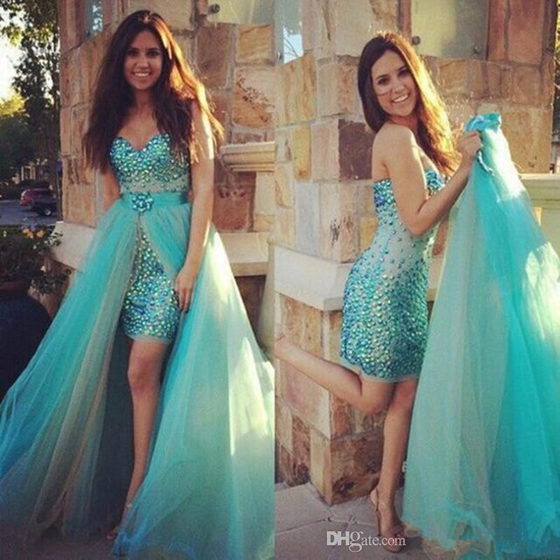 Satin Tulle Tight bleu Aménagée cocktail courte robe de bal Major perles Robes avec Amovible train de largos de
