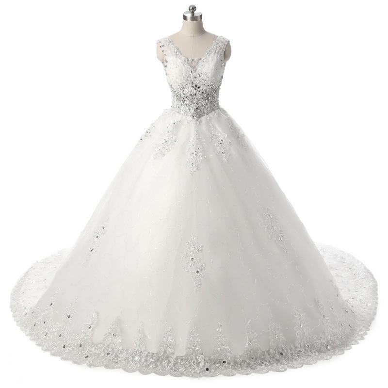 

2018 New Ball Gown Wedding Dresses V-neck Appliques Crystal Wedding Gowns Chapel Train Wedding Gowns Robe De Mariage Vestido De Noiva, Ivory
