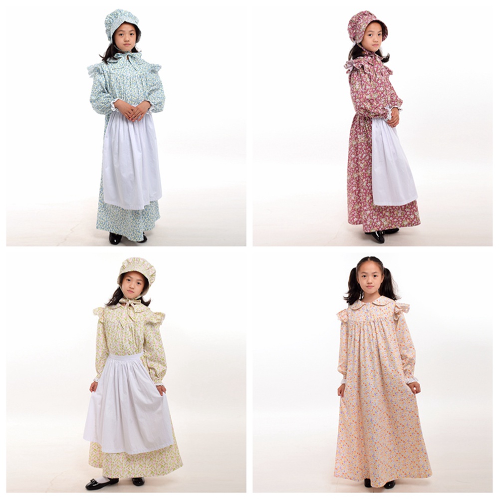 Girls Victorian Maid Cosplay Costume Vintage Floral Long Sleeve Dresses Set for Children with White Apron Bonnet Party Halloween