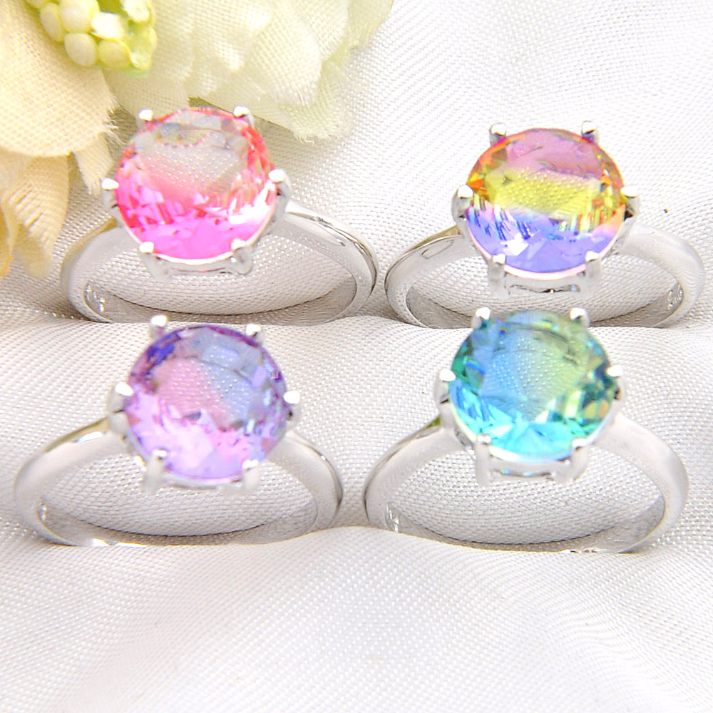 

Mix Color 10 pcs/lot Holiday Jewelry Gift Newest Round BI-COLORED Tourmaline Gemstone 925 Sterling Silver Plated Women Ring