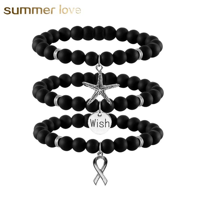 

8mm Matte Black Starfish Wish Breast Cancer Charm Bracelet for Women Men Inspiration Pendant Natural Stone Beads Bracelet Wholesale