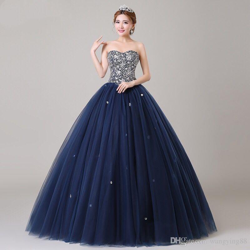 

2018 Long Ball Gown Puffy Plus Size Navy Blue Crystal Prom Dress 2018, Silver