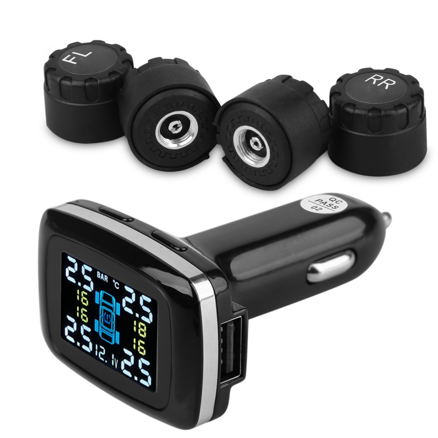 

Tire Pressure Monitoring System, Wireless TPMS with 4 External Sensors, Cigarette Lighter Plug LCD Display with Tire Pressure