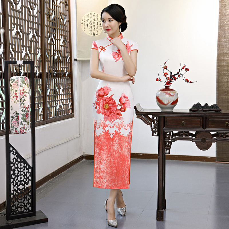 

Floral Print Chinese Traditional Long Dress Modern Qipao Wedding Cheongsam Slim-fit dress long-sleeve modified Women's Clothing