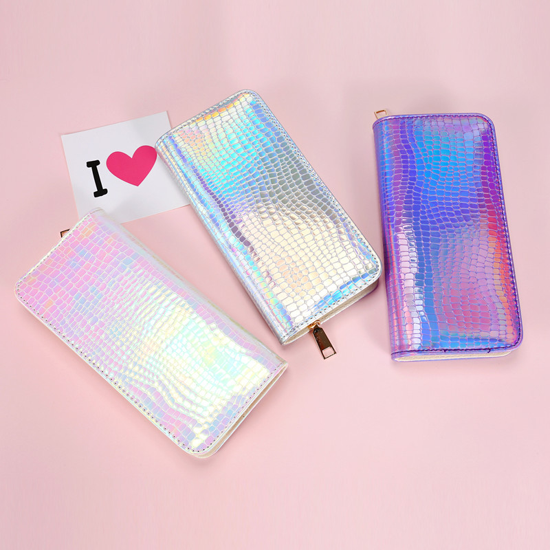 

50pcs Women Mermaid Laser Pure Long Wallet 3colors Waterproof Clutch Credit Card Holder Coin Purses, Multi