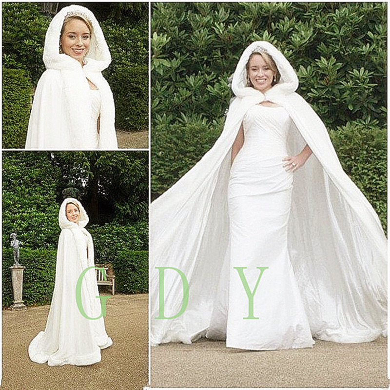 

Elegant Winter Fur Bridal Coat Wraps Jackets with Hat Bridal Wraps Warm Newest Long Wedding Cloak Capes Bolero, White
