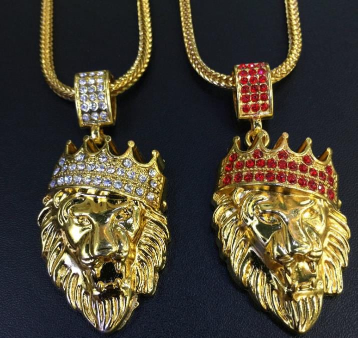 

New Arrivals high quality Hop Gold Plated Black Eyes Lion Head Pendant Men Necklace King Crown Iced Out Fashion Jewelry Gift animal Present