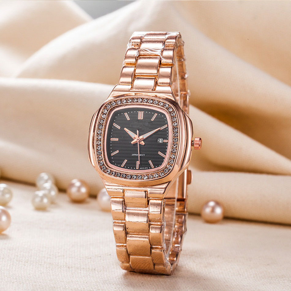 

High Quality Women Watch Dress Fashion Watches Rose Gold Stainless Steel Black Dial Diamond Wristwatches Quartz Clock Gifts, Rose gold black